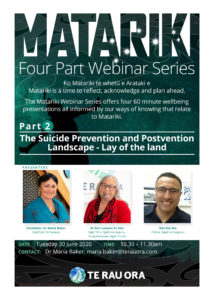 Matariki Webinar Series (Part 2) -Lay of the Land: The Suicide Prevention and Postvention landscape.- @ Zoom Online